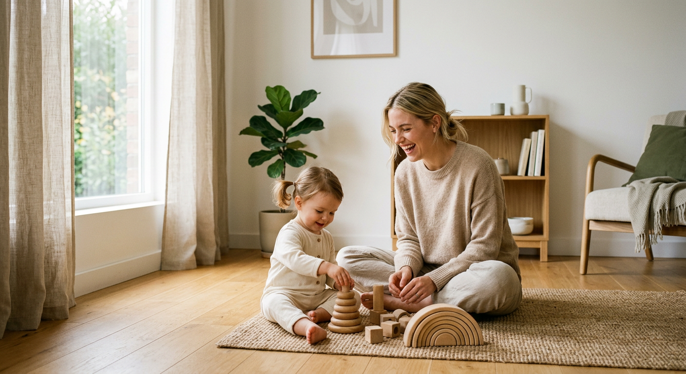 Mutter spielt mit Kind mit Montessori Holzspielzeug