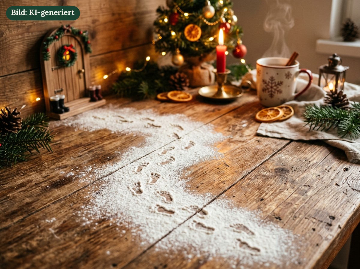 Kleine Fußspuren aus Puderzucker führen über einen Holztisch zu einer Mini-Wichteltür