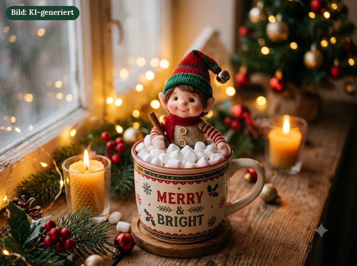 Wichtelfigur sitzt in einer Tasse voller Mini-Marshmallows wie in einem Schaumbad
