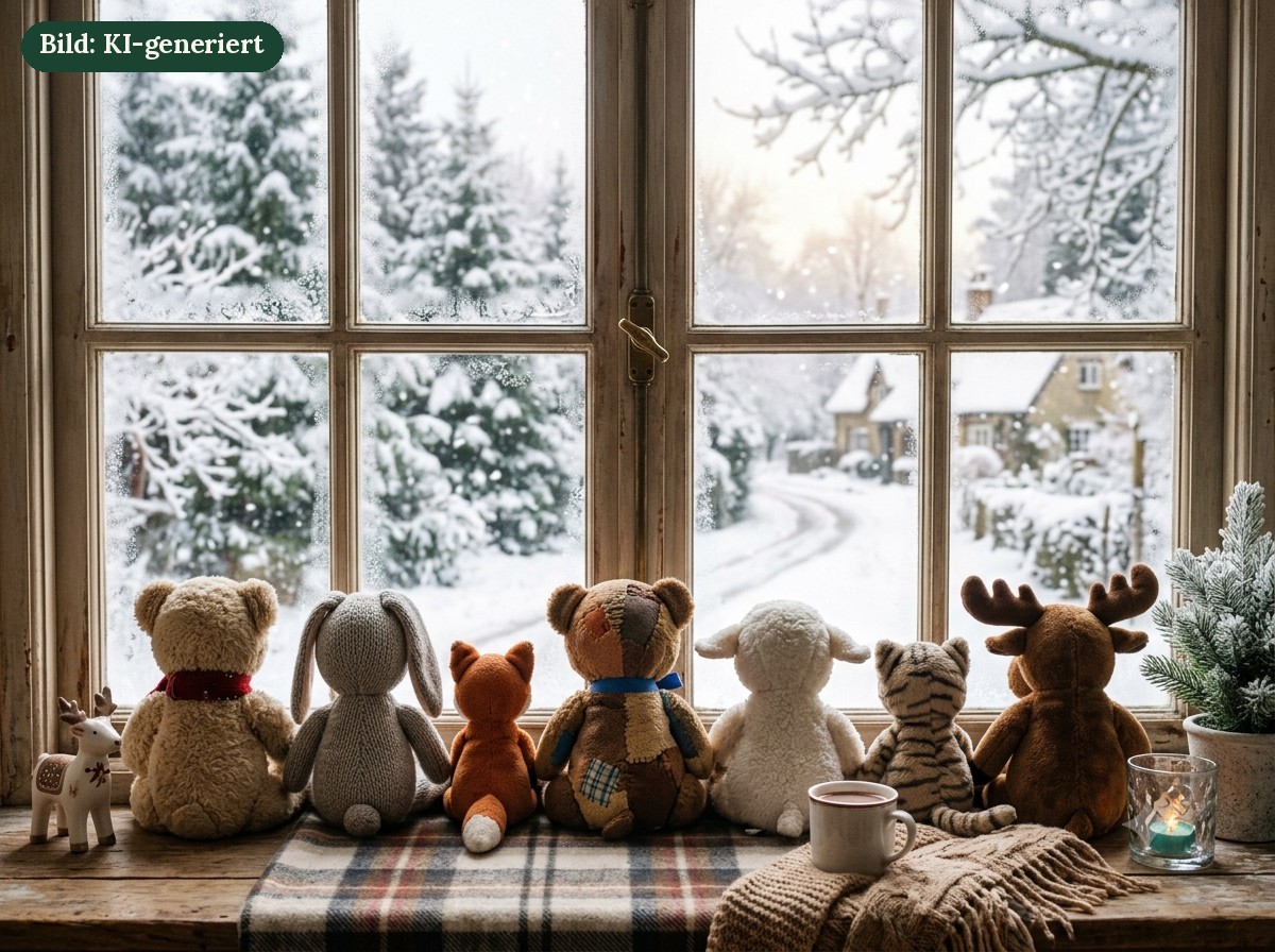 Kuscheltiere in einer Reihe schauen gemeinsam aus einem winterlichen Fenster