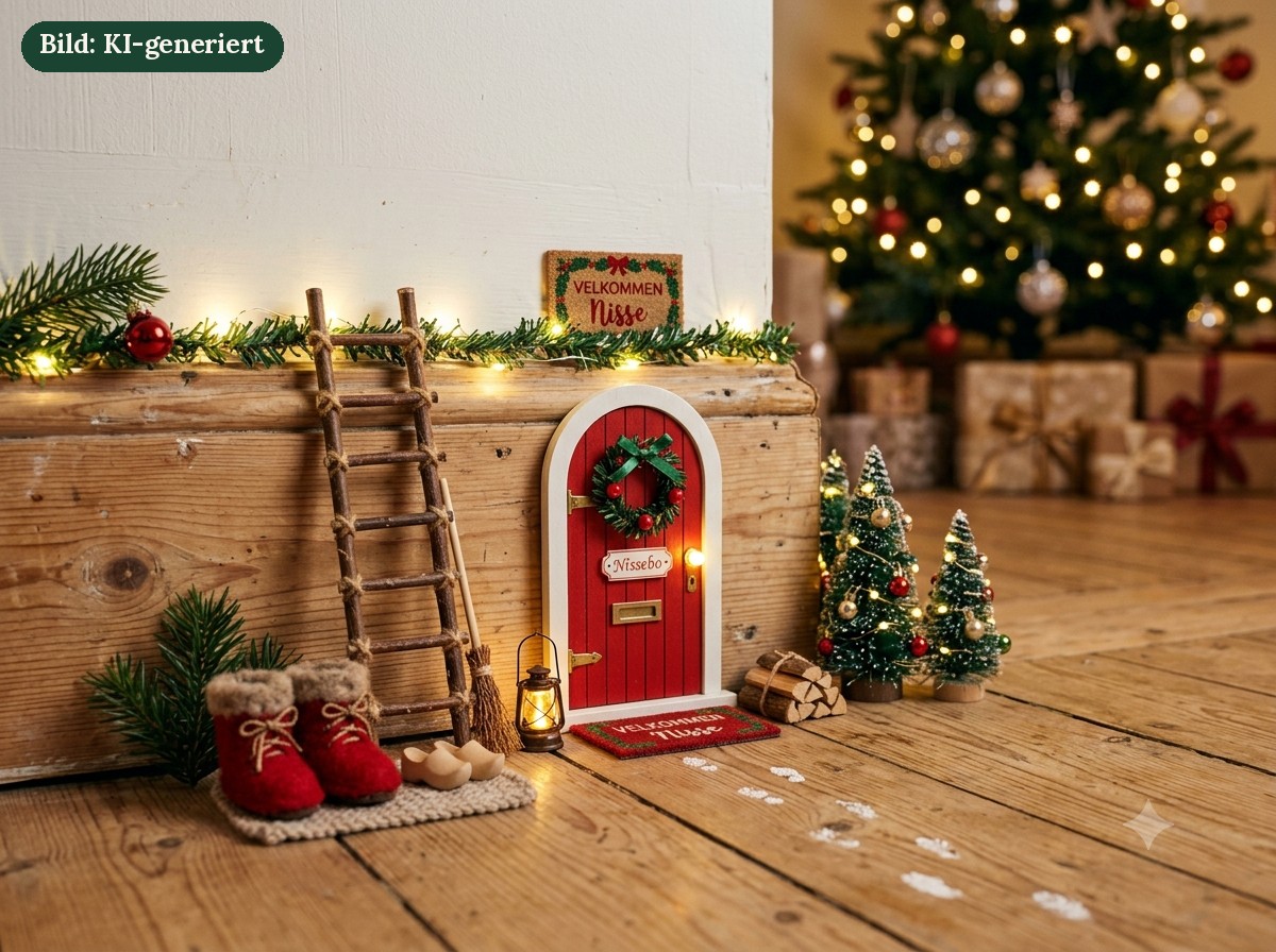 Mini-Wichteltür mit Leiter, Stiefeln und Fußspuren vor einem Weihnachtsbaum